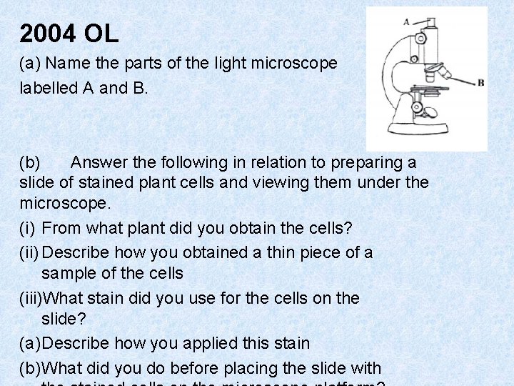 2004 OL (a) Name the parts of the light microscope labelled A and B.