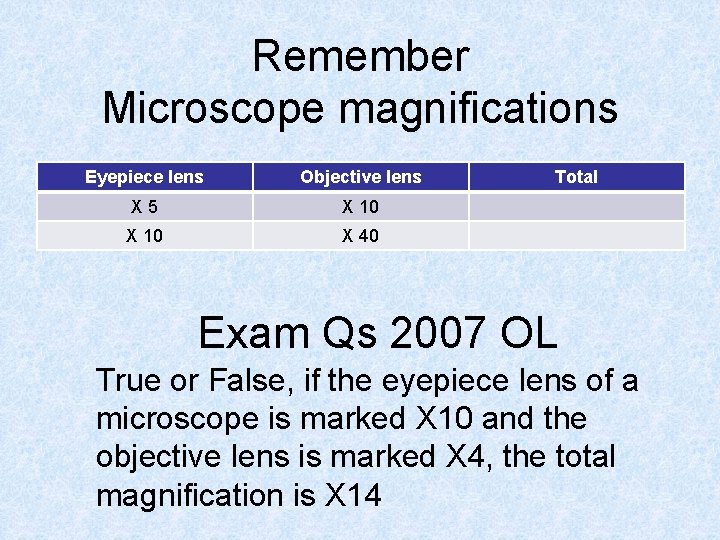 Remember Microscope magnifications Eyepiece lens Objective lens X 5 X 10 X 40 Total