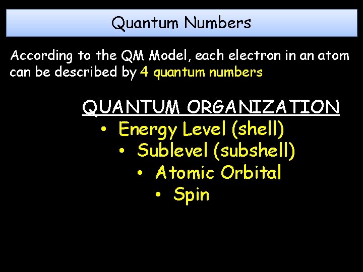 Quantum Numbers According to the QM Model, each electron in an atom can be