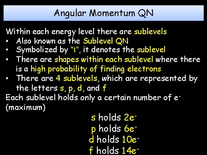 Angular Momentum QN Within each energy level there are sublevels • Also known as