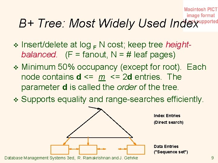 B+ Tree: Most Widely Used Index Insert/delete at log F N cost; keep tree