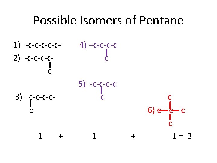 Possible Isomers of Pentane 1) -c-c-c 2) -c-cc 5) -c-c c 3) –c-c-c-cc 1