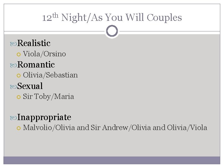 12 th Night/As You Will Couples Realistic Viola/Orsino Romantic Olivia/Sebastian Sexual Sir Toby/Maria Inappropriate