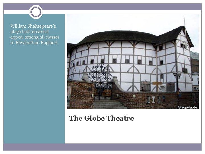 William Shakespeare’s plays had universal appeal among all classes in Elizabethan England. The Globe