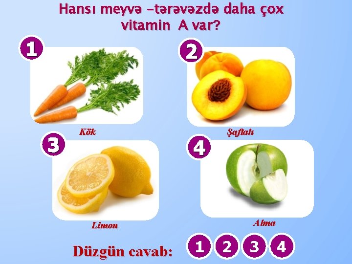 1 Hansı meyvə -tərəvəzdə daha çox vitamin A var? 2 3 Kök 4 Şaftalı