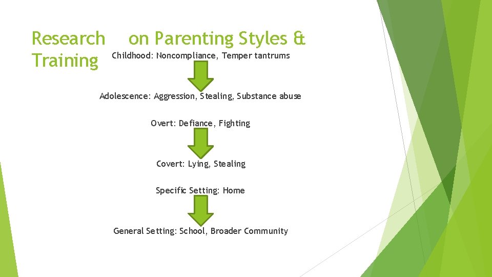 Research Training on Parenting Styles & Childhood: Noncompliance, Temper tantrums Adolescence: Aggression, Stealing, Substance