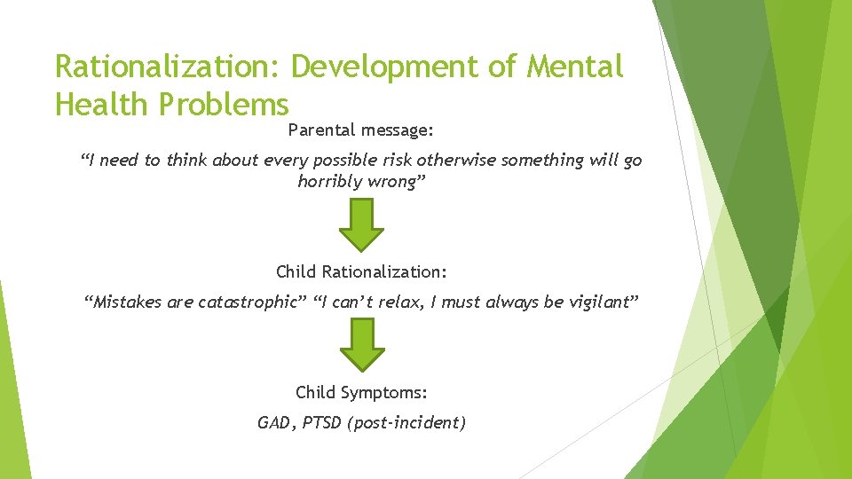 Rationalization: Development of Mental Health Problems Parental message: “I need to think about every