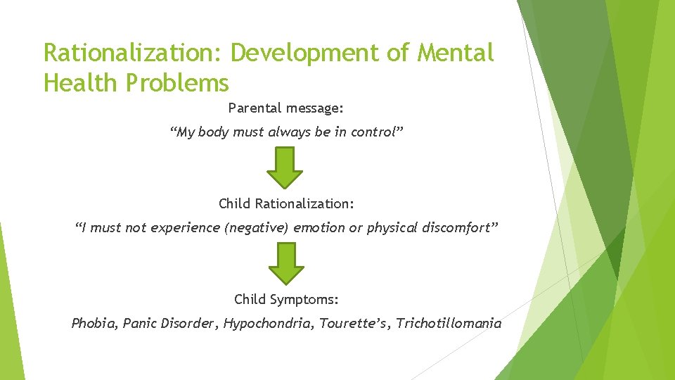Rationalization: Development of Mental Health Problems Parental message: “My body must always be in