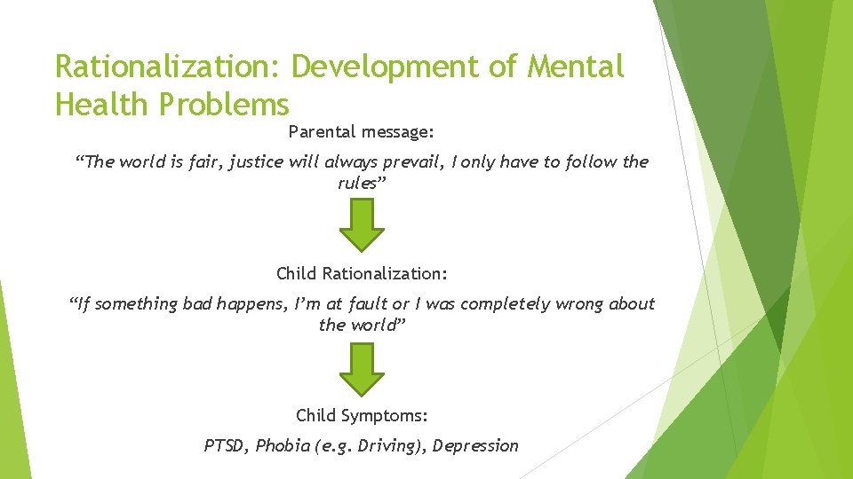 Rationalization: Development of Mental Health Problems Parental message: “The world is fair, justice will