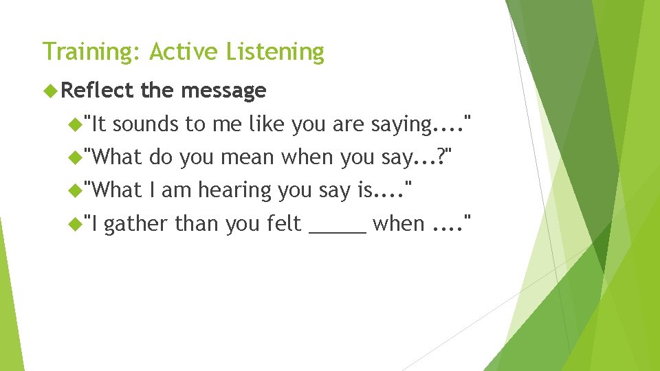 Training: Active Listening Reflect "It the message sounds to me like you are saying.