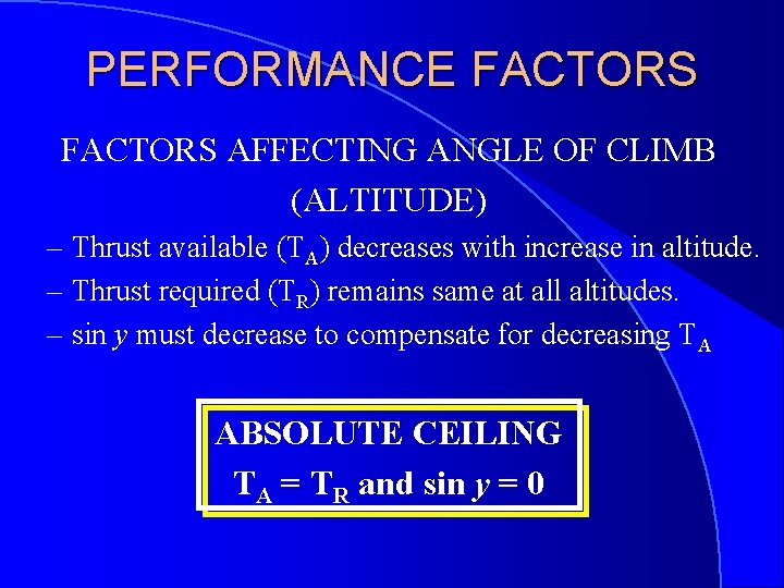 PERFORMANCE FACTORS AFFECTING ANGLE OF CLIMB (ALTITUDE) – Thrust available (TA) decreases with increase