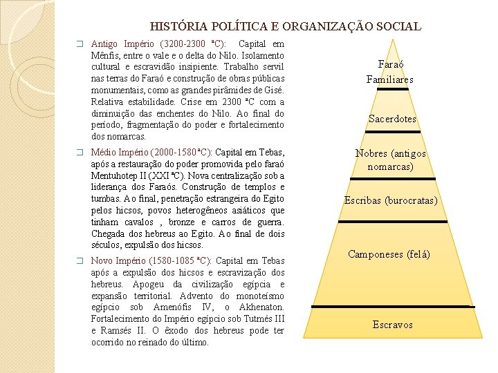 HISTÓRIA POLÍTICA E ORGANIZAÇÃO SOCIAL � Antigo Império (3200 -2300 ªC): Capital em Mênfis,