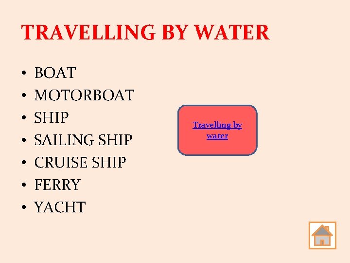 TRAVELLING BY WATER • • BOAT MOTORBOAT SHIP SAILING SHIP CRUISE SHIP FERRY YACHT