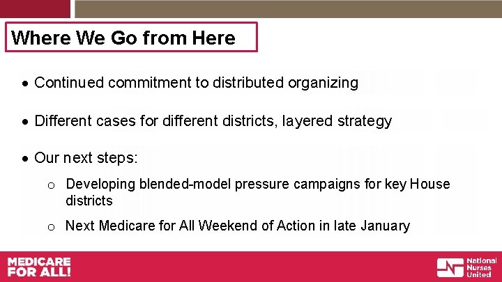 Where We Go from Here Continued commitment to distributed organizing Different cases for different