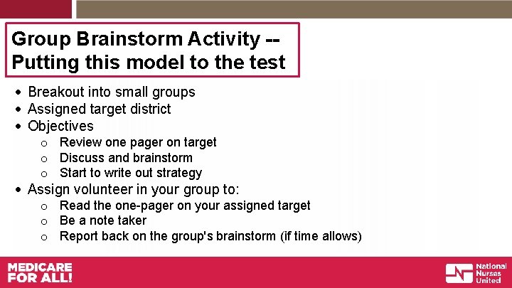 Group Brainstorm Activity -Putting this model to the test Breakout into small groups Assigned