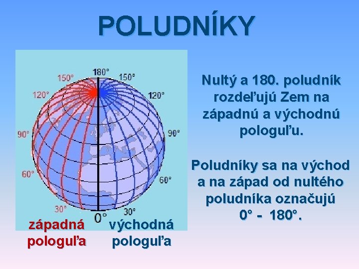 POLUDNÍKY Nultý a 180. poludník rozdeľujú Zem na západnú a východnú pologuľu. západná pologuľa