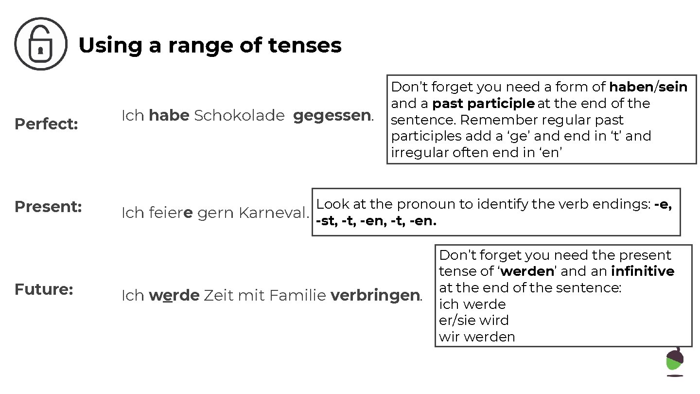 Using a range of tenses Perfect: Present: Future: Ich habe Schokolade gegessen. Don’t forget