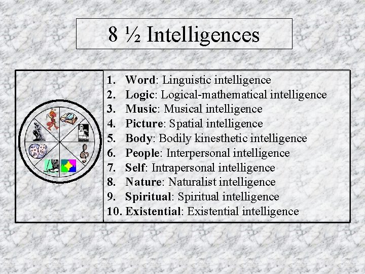 8 ½ Intelligences 1. Word: Linguistic intelligence 2. Logic: Logical-mathematical intelligence 3. Music: Musical