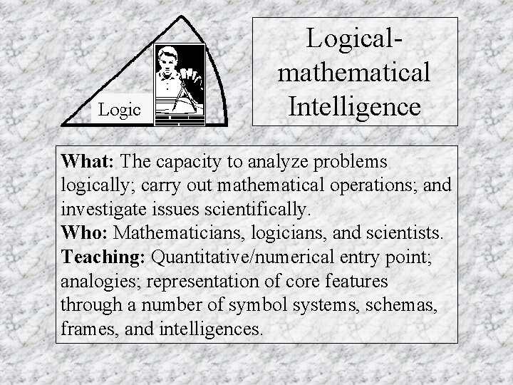Logicalmathematical Intelligence What: The capacity to analyze problems logically; carry out mathematical operations; and