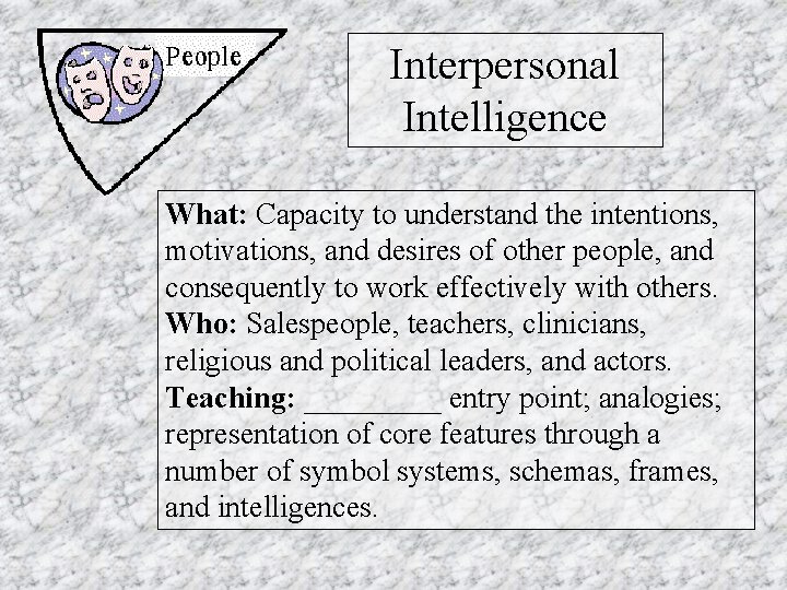 Interpersonal Intelligence What: Capacity to understand the intentions, motivations, and desires of other people,