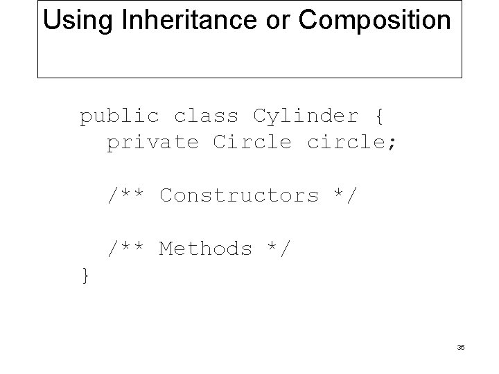 Using Inheritance or Composition public class Cylinder { private Circle circle; /** Constructors */