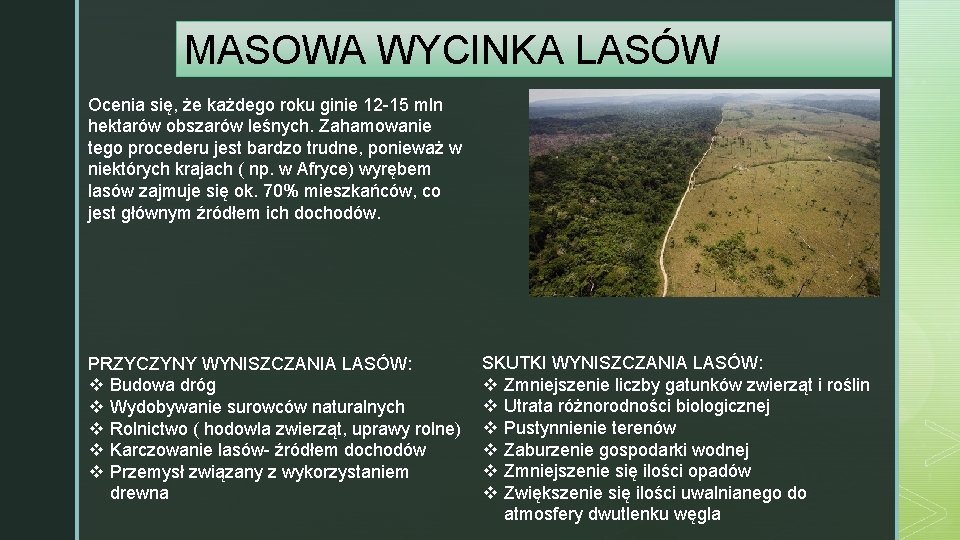 MASOWA WYCINKA LASÓW Ocenia się, że każdego roku ginie 12 -15 mln hektarów obszarów