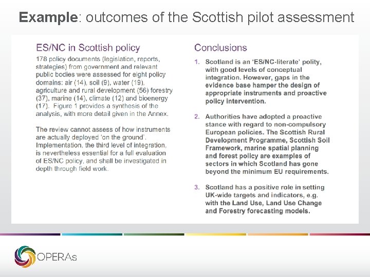 Example: outcomes of the Scottish pilot assessment 