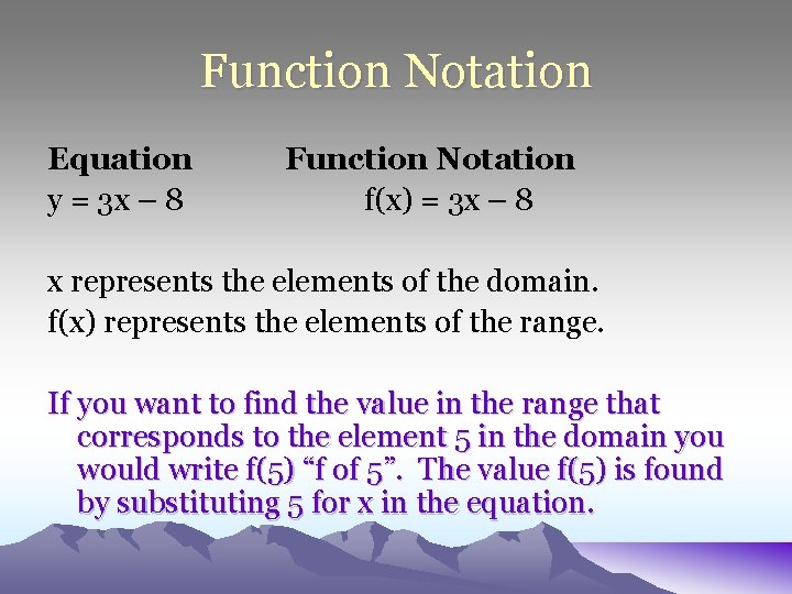 Function Notation Equation y = 3 x – 8 Function Notation f(x) = 3 Function Notation Equation y = 3 x – 8 Function Notation f(x) = 3