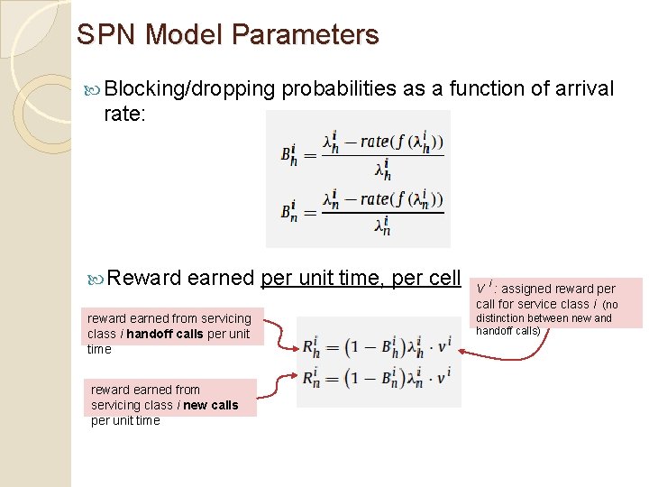 SPN Model Parameters Blocking/dropping probabilities as a function of arrival rate: Reward earned per SPN Model Parameters Blocking/dropping probabilities as a function of arrival rate: Reward earned per