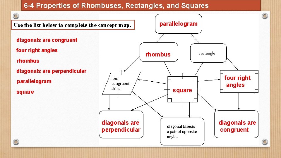 Lesson 6 4 Properties Of Rhombuses Rectangles And Squares Answers