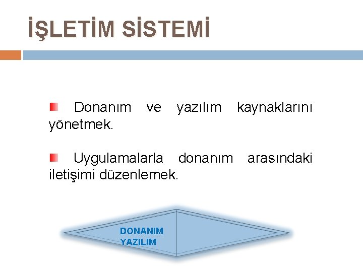 İŞLETİM SİSTEMİ Donanım yönetmek. ve yazılım Uygulamalarla donanım iletişimi düzenlemek. DONANIM YAZILIM kaynaklarını arasındaki