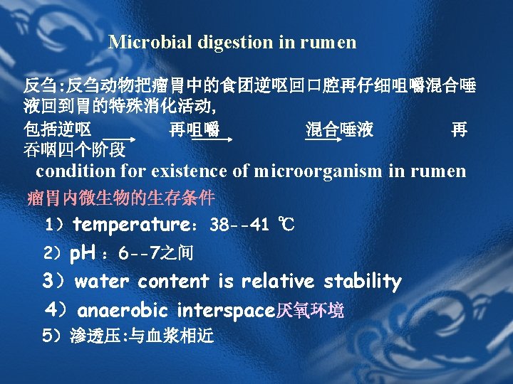 Microbial digestion in rumen 反刍: 反刍动物把瘤胃中的食团逆呕回口腔再仔细咀嚼混合唾 液回到胃的特殊消化活动, 包括逆呕 再咀嚼 混合唾液 再 吞咽四个阶段 condition for Microbial digestion in rumen 反刍: 反刍动物把瘤胃中的食团逆呕回口腔再仔细咀嚼混合唾 液回到胃的特殊消化活动, 包括逆呕 再咀嚼 混合唾液 再 吞咽四个阶段 condition for
