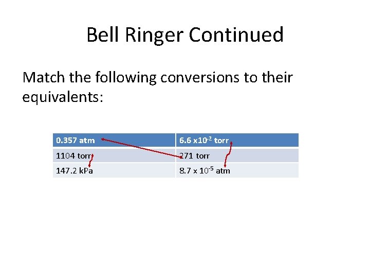 Bell Ringer Continued Match the following conversions to their equivalents: 0. 357 atm 6.