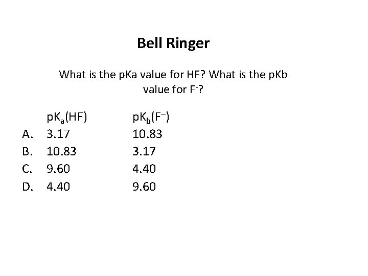 Bell Ringer What is the p. Ka value for HF? What is the p.