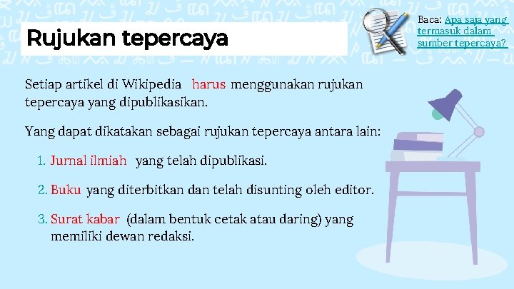 Rujukan tepercaya Setiap artikel di Wikipedia harus menggunakan rujukan tepercaya yang dipublikasikan. Yang dapat