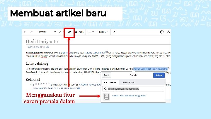 Membuat artikel baru Menggunakan fitur saran pranala dalam 