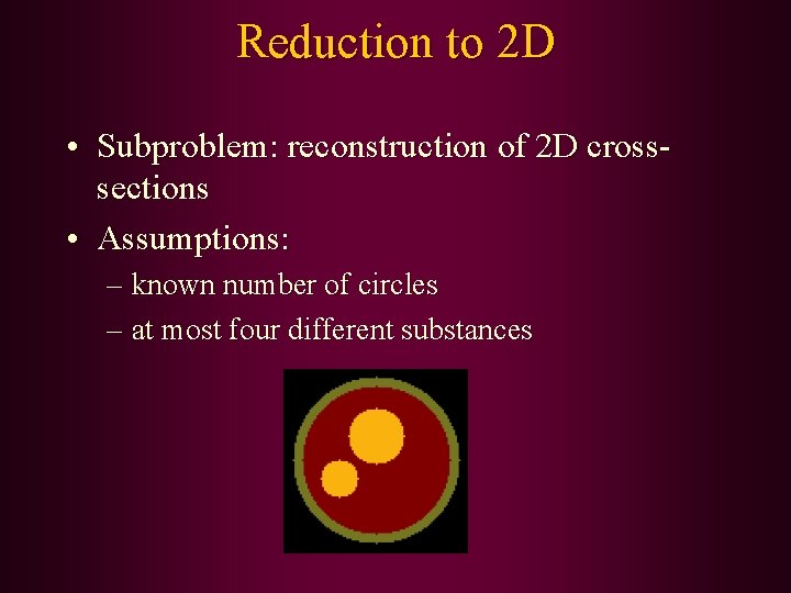 Reduction to 2 D • Subproblem: reconstruction of 2 D crosssections • Assumptions: –