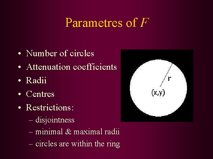 Parametres of F • • • Number of circles Attenuation coefficients Radii Centres Restrictions: