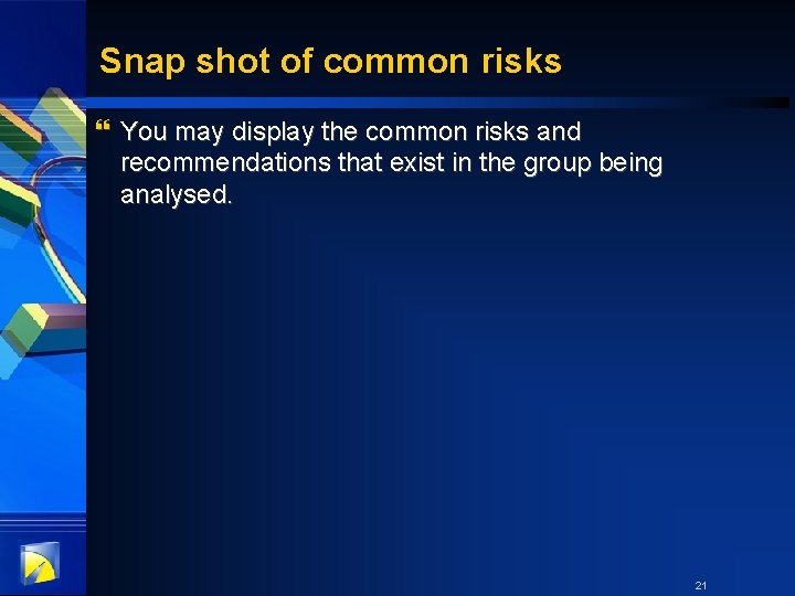Snap shot of common risks } You may display the common risks and recommendations
