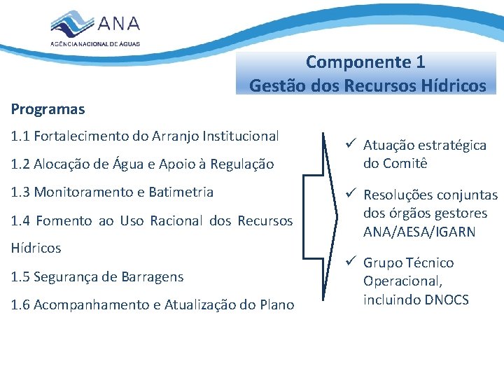 Componente 1 Gestão dos Recursos Hídricos Programas 1. 1 Fortalecimento do Arranjo Institucional 1.