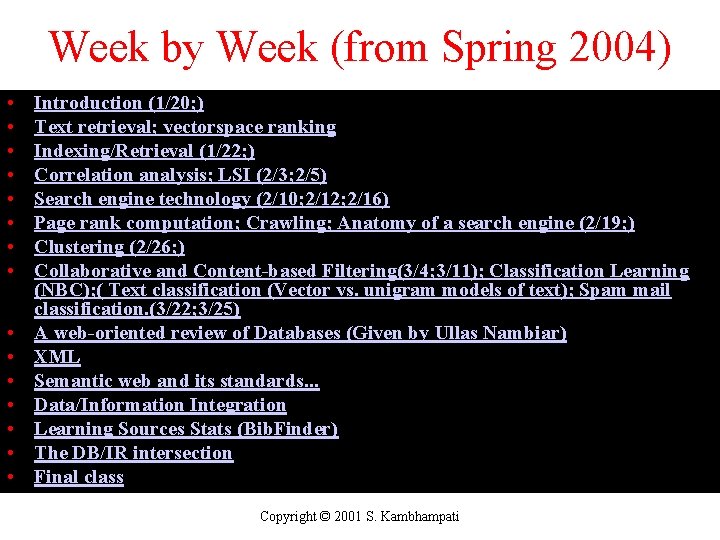 Week by Week (from Spring 2004) • • • • Introduction (1/20; ) Text
