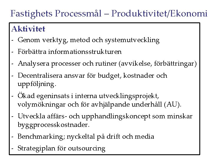 Fastighets Processmål – Produktivitet/Ekonomi Aktivitet - Genom verktyg, metod och systemutveckling - Förbättra informationsstrukturen