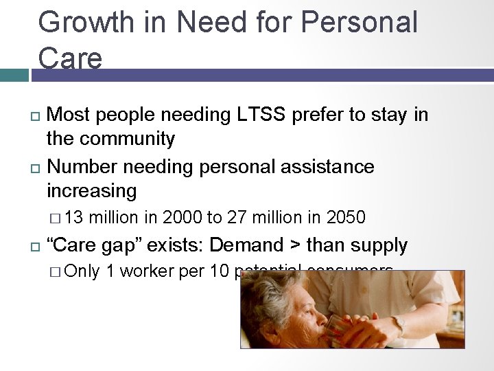 Growth in Need for Personal Care Most people needing LTSS prefer to stay in