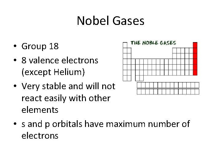 Nobel Gases • Group 18 • 8 valence electrons (except Helium) • Very stable