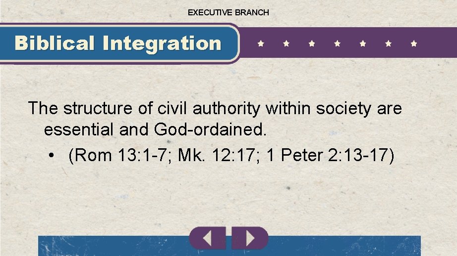 EXECUTIVE BRANCH Biblical Integration The structure of civil authority within society are essential and