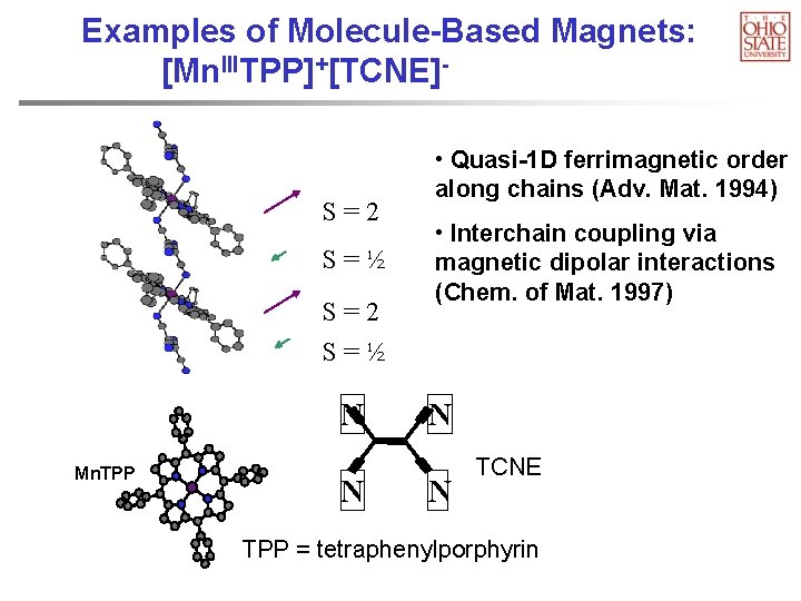 Examples of Molecule-Based Magnets: [Mn. IIITPP]+[TCNE]- S=2 S=½ N Mn. TPP N • Quasi-1