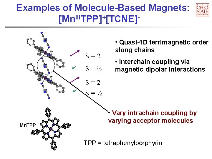 Examples of Molecule-Based Magnets: [Mn. IIITPP]+[TCNE]- S=2 S=½ • Quasi-1 D ferrimagnetic order along