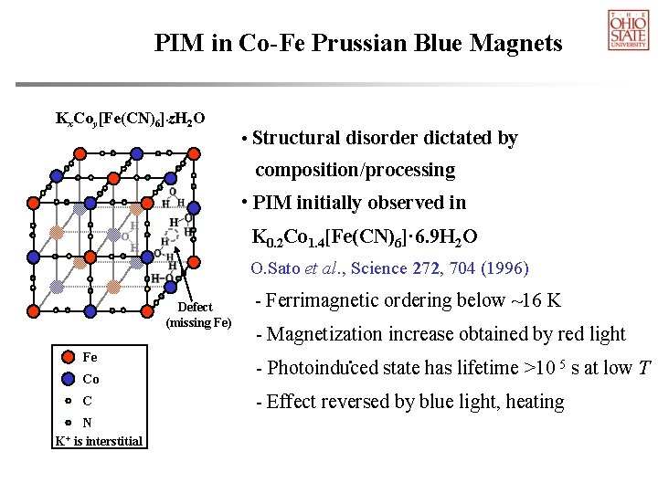PIM in Co-Fe Prussian Blue Magnets Kx. Coy[Fe(CN)6]˙z. H 2 O • Structural disorder