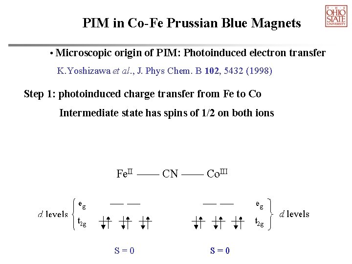 PIM in Co-Fe Prussian Blue Magnets • Microscopic origin of PIM: Photoinduced electron transfer