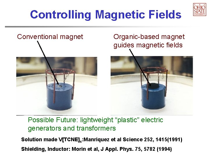 Controlling Magnetic Fields Conventional magnet Organic-based magnet guides magnetic fields Possible Future: lightweight “plastic”